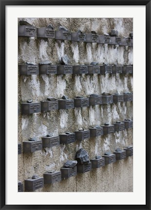 Framed Cemetery wall with names of Holocaust victims, Jewish Cemetery, Frankfurt, Hesse, Germany Print