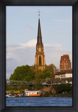 Framed River with church in the background, Three Kings Church, Main River, Frankfurt, Hesse, Germany Print