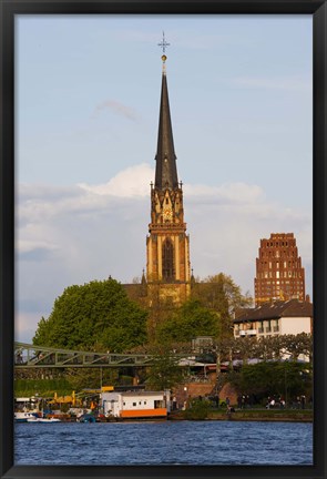 Framed River with church in the background, Three Kings Church, Main River, Frankfurt, Hesse, Germany Print