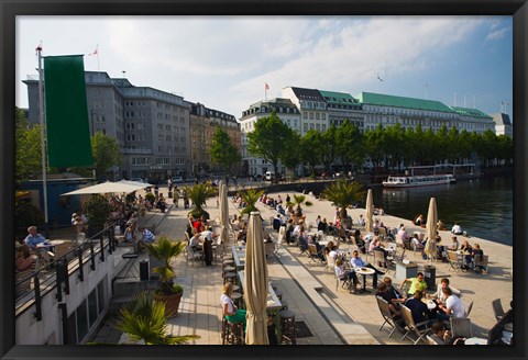 Framed Tourists at a sidewalk cafe, Binnenalster Lake, Hamburg, Germany Print