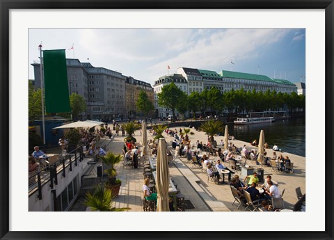 Framed Tourists at a sidewalk cafe, Binnenalster Lake, Hamburg, Germany Print