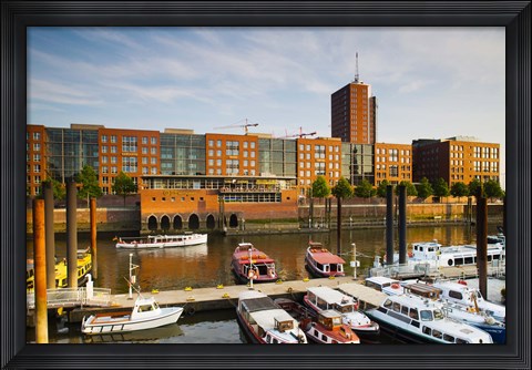 Framed Boats docked at a harbor, HafenCity, Hamburg, Germany Print