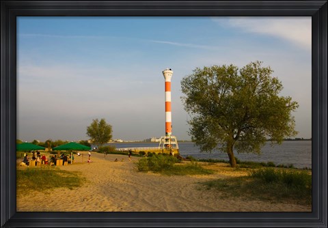 Framed Small lighthouse at the riverside, Elbe River, Blankenese, Hamburg, Germany Print