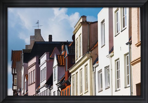 Framed Low angle view of old town buildings, Fleischhauer Strasse, Lubeck, Schleswig-Holstein, Germany Print