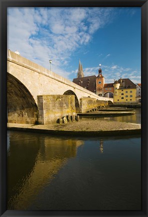 Framed Bridge across the river, Steinerne Bridge, Danube River, Regensburg, Bavaria, Germany Print