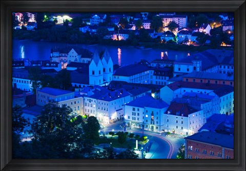 Framed High angle view of old town buildings at night, Passau, Bavaria, Germany Print