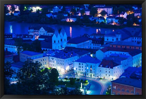 Framed High angle view of old town buildings at night, Passau, Bavaria, Germany Print