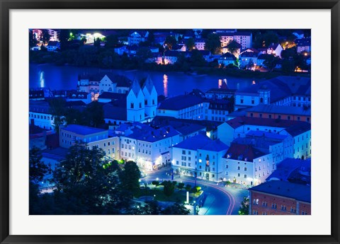 Framed High angle view of old town buildings at night, Passau, Bavaria, Germany Print