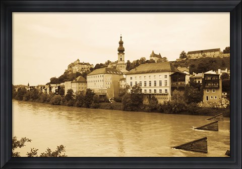 Framed Medieval town at the waterfront, Salzach River, Burghausen, Bavaria, Germany Print
