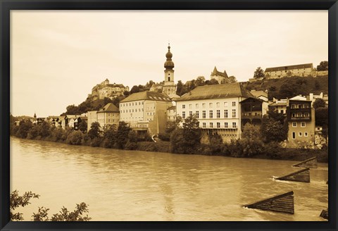 Framed Medieval town at the waterfront, Salzach River, Burghausen, Bavaria, Germany Print