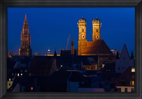 Framed Town hall with a church at night, Munich Cathedral, New Town Hall, Munich, Bavaria, Germany Print