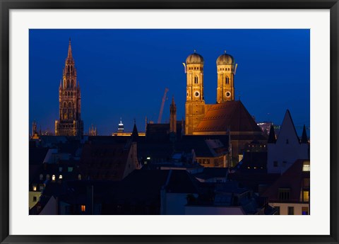 Framed Town hall with a church at night, Munich Cathedral, New Town Hall, Munich, Bavaria, Germany Print