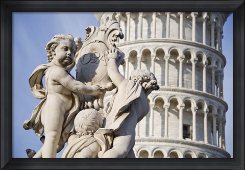 Framed La Fontana dei Putti in front of Leaning Tower of Pisa, Pisa, Tuscany, Italy Print