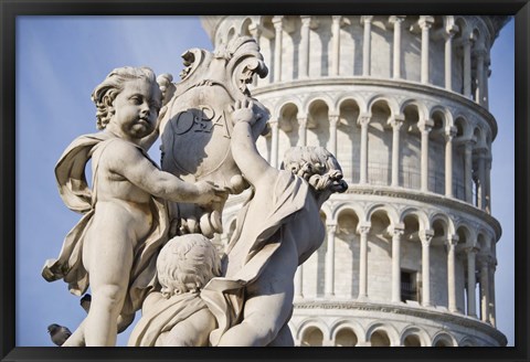 Framed La Fontana dei Putti in front of Leaning Tower of Pisa, Pisa, Tuscany, Italy Print