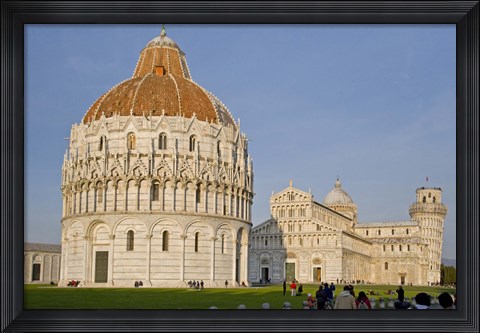 Framed Tourists at baptistery with cathedral, Pisa Cathedral, Pisa Baptistry, Piazza Dei Miracoli, Pisa, Tuscany, Italy Print
