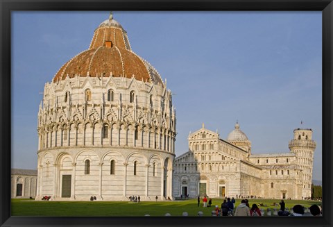 Framed Tourists at baptistery with cathedral, Pisa Cathedral, Pisa Baptistry, Piazza Dei Miracoli, Pisa, Tuscany, Italy Print