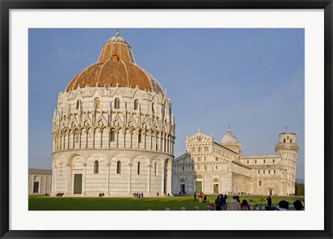 Framed Tourists at baptistery with cathedral, Pisa Cathedral, Pisa Baptistry, Piazza Dei Miracoli, Pisa, Tuscany, Italy Print