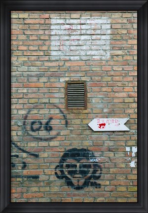 Framed Art and signs painted on a brick wall, Dashanzi Art District, Dashanzi, Chaoyang District, Beijing, China Print