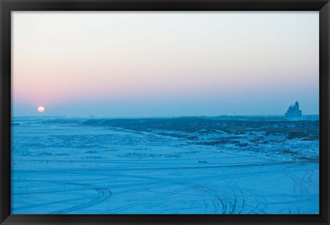 Framed Sunset over the frozen Songhua River, Harbin, Heilungkiang Province, China Print