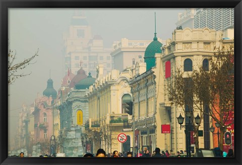 Framed Shoppers along a central street, Zhongyang Dajie, Daoliqu Russian Heritage Area, Harbin, Heilungkiang Province, China Print