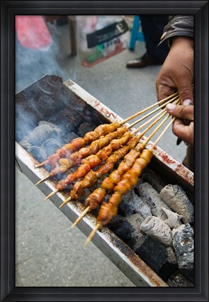 Framed Grilled meat snack stand in a street market, Pudong, Shanghai, China Print