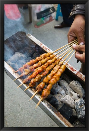 Framed Grilled meat snack stand in a street market, Pudong, Shanghai, China Print