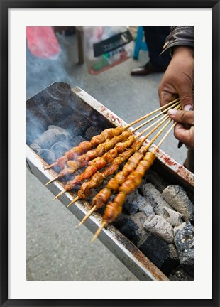Framed Grilled meat snack stand in a street market, Pudong, Shanghai, China Print