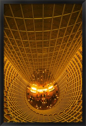 Framed Interiors of Jin Mao Tower looking down to the lobby of the Grand Hyatt hotel, Lujiazui, Pudong, Shanghai, China Print