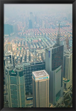 Framed Aerial view of new Pudong district housing, Shanghai, China Print