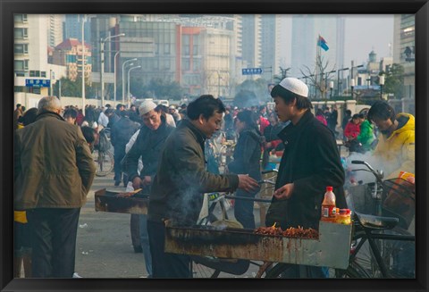 Framed Muslim Chinese Uyghur minority food vendors selling food in a street market, Pudong, Shanghai, China Print