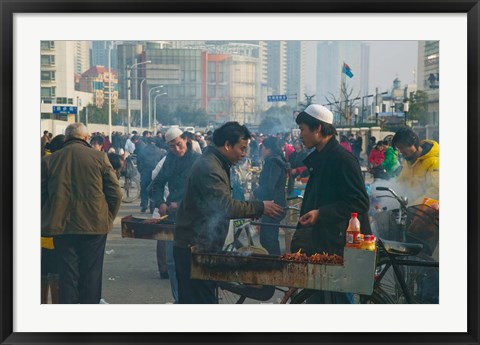 Framed Muslim Chinese Uyghur minority food vendors selling food in a street market, Pudong, Shanghai, China Print