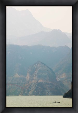 Framed Boat in the river with foggy mountains in the background, Xiling Gorge, Yangtze River, Hubei Province, China Print