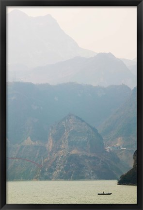 Framed Boat in the river with foggy mountains in the background, Xiling Gorge, Yangtze River, Hubei Province, China Print