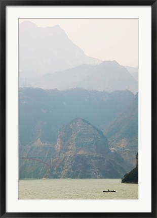 Framed Boat in the river with foggy mountains in the background, Xiling Gorge, Yangtze River, Hubei Province, China Print