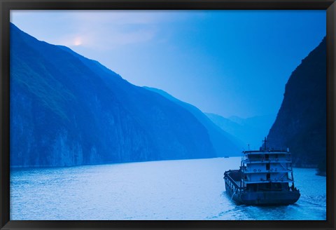 Framed Container ship in the river at sunset, Wu Gorge, Yangtze River, Hubei Province, China Print