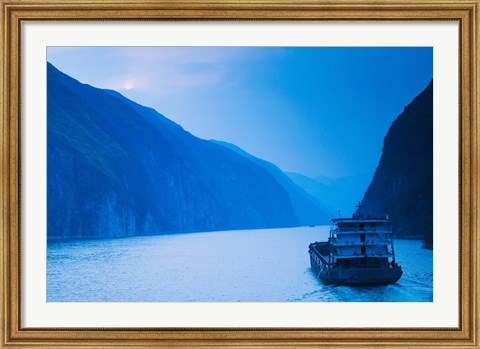 Framed Container ship in the river at sunset, Wu Gorge, Yangtze River, Hubei Province, China Print