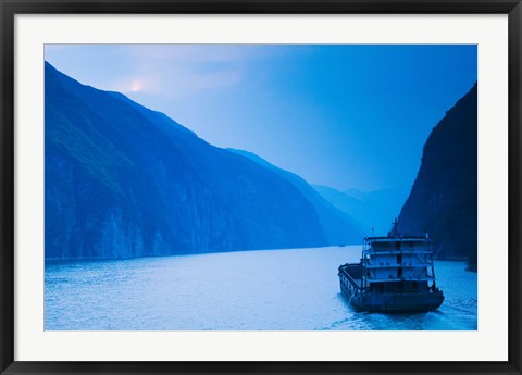 Framed Container ship in the river at sunset, Wu Gorge, Yangtze River, Hubei Province, China Print