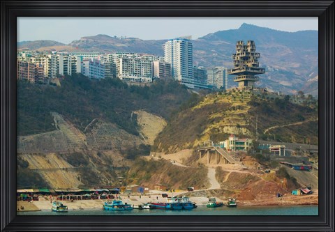 Framed Boats at the port with a newly built town on Yangtze River, Wanzhou, Chongqing Province, China Print