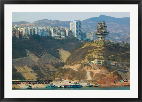 Framed Boats at the port with a newly built town on Yangtze River, Wanzhou, Chongqing Province, China Print