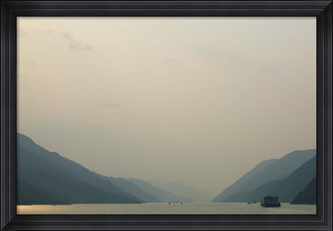 Framed Boats in the river with mountains in the background, Yangtze River, Fengdu, Chongqing Province, China Print