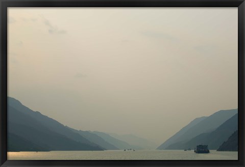 Framed Boats in the river with mountains in the background, Yangtze River, Fengdu, Chongqing Province, China Print