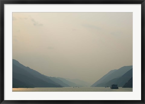 Framed Boats in the river with mountains in the background, Yangtze River, Fengdu, Chongqing Province, China Print