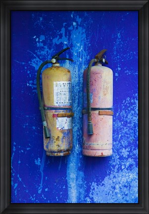 Framed Fire extinguishers on Blue Temple wall, Mingshan, Fengdu Ghost City, Fengdu, Yangtze River, Chongqing Province, China Print
