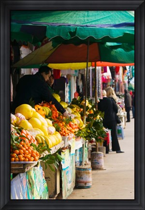 Framed Fruit stalls at a street market, Mingshan, Fengdu Ghost City, Fengdu, Yangtze River, Chongqing Province, China Print