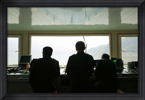 Framed Crew on the bridge of Yangzi River Cruise Ship, Yangtze River, Chongqing Province, China Print