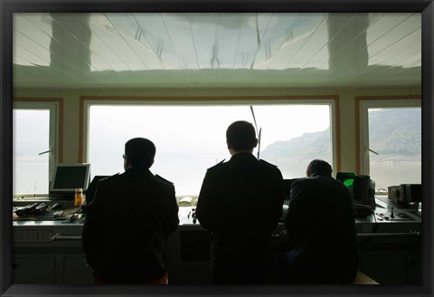 Framed Crew on the bridge of Yangzi River Cruise Ship, Yangtze River, Chongqing Province, China Print