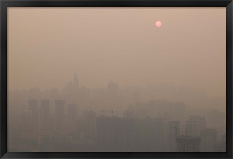 Framed Foggy city view from Yikeshu viewing platform at dusk, Chongqing, Yangtze River, Chongqing Province, China Print