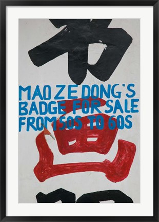 Framed Close-up of a store sign for selling Chairman Mao badges, Old Town, Dali, Yunnan Province, China Print