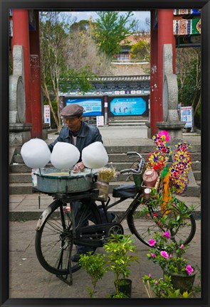 Framed Candy Floss Vendor selling Cotton Candies in Old Town Dali, Yunnan Province, China Print