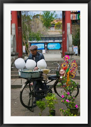 Framed Candy Floss Vendor selling Cotton Candies in Old Town Dali, Yunnan Province, China Print